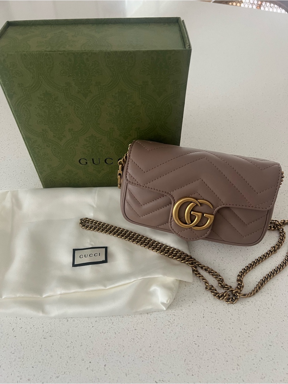 Gucci Pinkish Taupe Matelassé Small Marmont Shoulder Bag with Gold GG
